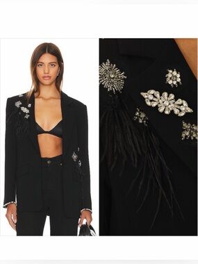 Cinq a Sept Black Crystal & Feather Embellished Blazer